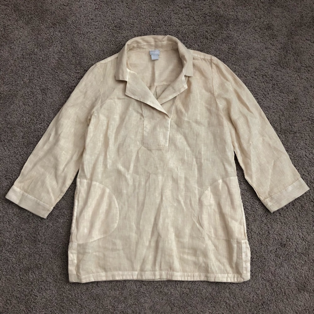 Chico’s Linen Beige Shirt Womens Size 1 (M/8)